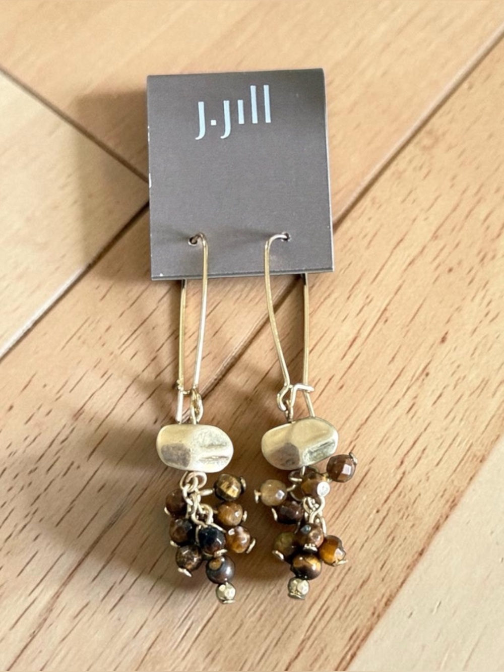 J. Jill Tiger’s Eye Beaded Dangle Earrings Gold Tone Boho Cluster Drop